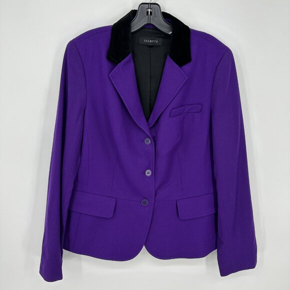 Talbots Wool Blazer Jacket 12 Velvet Collar Button Down Purple Black - Picture 1 of 7